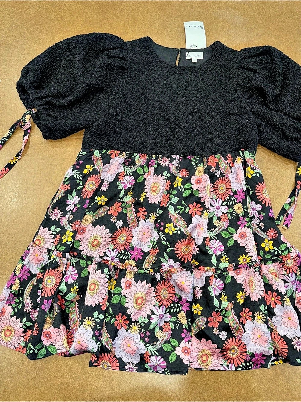 NWT • &merci • Floral Tweed Puff Sleeve Dress • Size Medium
